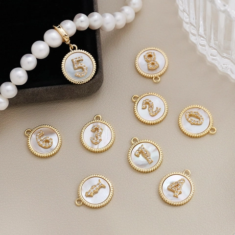 Colgante de Número Redondo de Cobre Bañado en Oro 18K Con Incrustación de Madreperla Strass Accesorio Joyería DIY