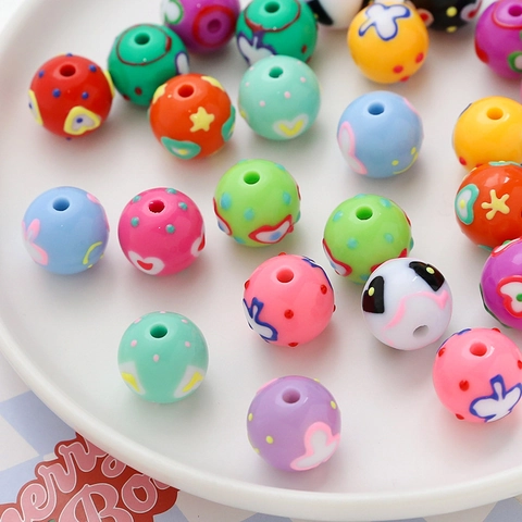 Acrylic Printed Round Loose Beads Heart Star Smiley Face Pattern For DIY Bracelet Necklace Jewelry Making Handmade Crafts