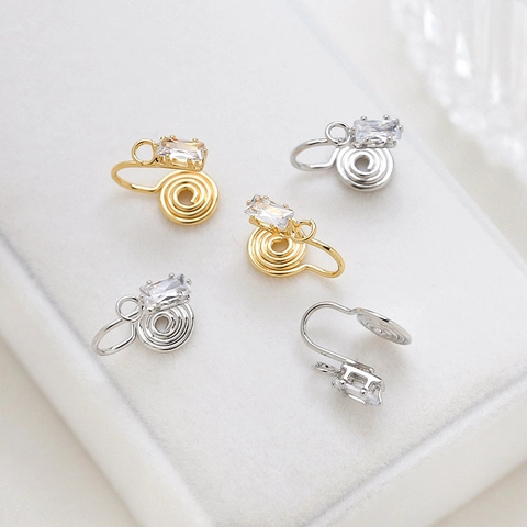 Convertitore Clip per Orecchie a Spirale Rettangolare in Zircone Rame Placcato Oro 18K per Orecchie Senza Buco DIY
