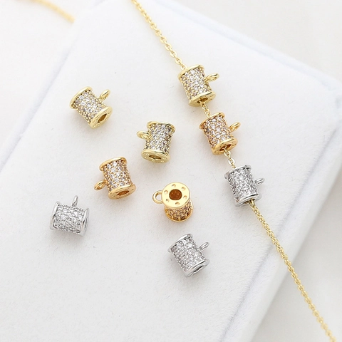 Gold Plated Copper Cylinder Spacer Beads With Cubic Zirconia Micro Pave Small Loop Pendant For DIY Jewelry Making Crafts