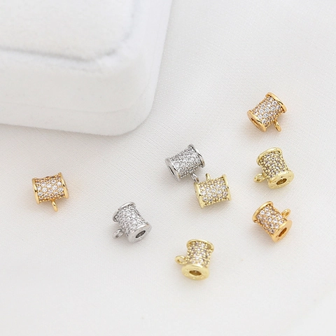 Gold Plated Copper Cylinder Spacer Beads With Cubic Zirconia Micro Pave Small Loop Pendant For DIY Jewelry Making Crafts