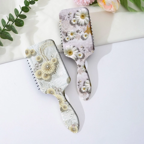 Brosse à Cheveux à Coussin d'Air Imprimé Floral Rétro Peigne de Massage ABS Style Français Élégant Strass Perle Artificielle