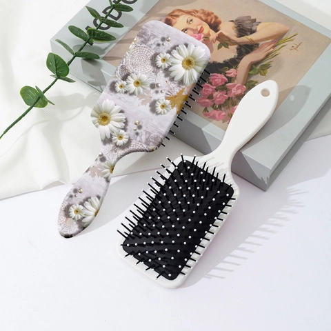 Brosse à Cheveux à Coussin d'Air Imprimé Floral Rétro Peigne de Massage ABS Style Français Élégant Strass Perle Artificielle