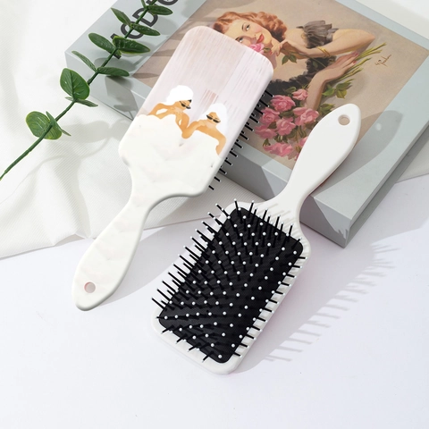 Women Fashion Illustration Print Air Cushion Hairbrush ABS Scalp Massage Detangling Paddle Comb For Daily Hair Care Styling