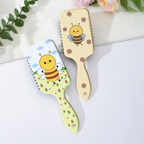 Brosse à Cheveux Mignonne à Coussin d'Air Imprimé Abeille Peigne de Massage Démêlant Portable pour Filles et Étudiantes