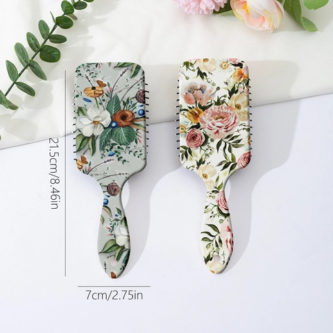 Vintage Floral Print Air Cushion Massage Hair Brush Detangling Paddle Brush With Hanging Hole Floral Pattern ABS Hair Comb For Women