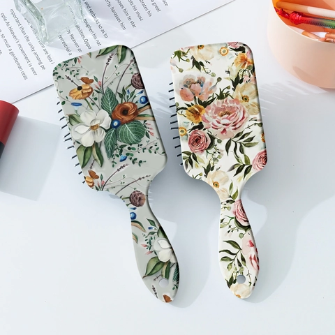 Vintage Floral Print Air Cushion Massage Hair Brush Detangling Paddle Brush With Hanging Hole Floral Pattern ABS Hair Comb For Women