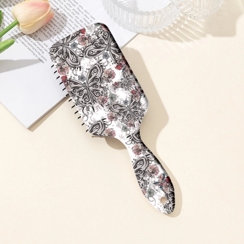 Artistic Butterfly And Floral Printed Paddle Brush ABS Scalp Massage Air Cushion Detangling Hair Comb For Women Home Daily Use