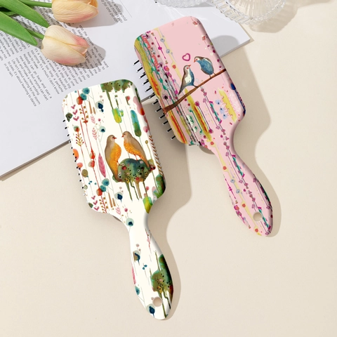 Artistic Bird Floral Print Air Cushion Hair Brush Portable Scalp Massage Detangling Comb For Girls Students Women Valentine's Day Gift