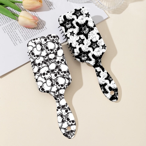 Punk Skull Pentagram Print Air Cushion Hair Brush Scalp Massage Paddle Detangling Brush For Women Black White ABS Hair Comb