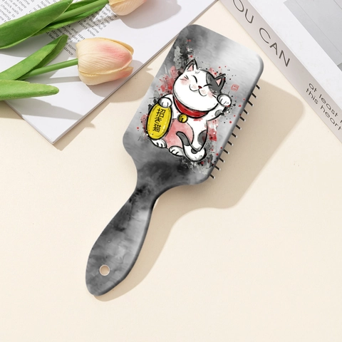 Peigne à Coussin d'Air Imprimé Motif Chat de la Chance Portable ABS Brosse de Massage du Cuir Chevelu Femme Fille Texture Marbre
