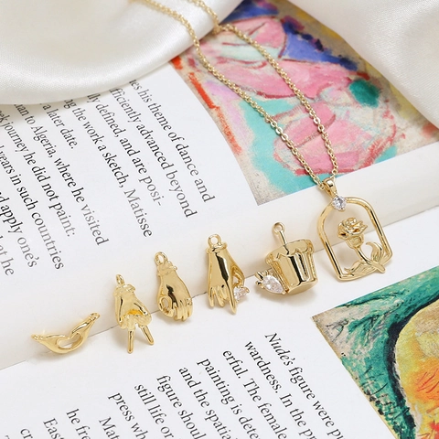 Gold Plated Copper Zirconia DIY Jewelry Pendants Rose Frame Hand Gesture Charms For Necklace Bracelet Making Minimalist Accessory