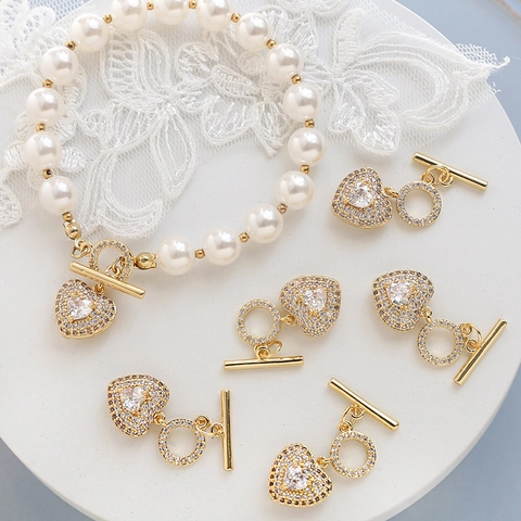 Luxury Copper Gold Plated Heart Toggle Clasp With Rhinestone Only For DIY Necklace Bracelet Making Pearl Connecting Accessories