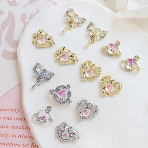 Iridescent Heart Planet Bow Alloy Pendants DIY Jewelry Making Rhinestone Inlaid Gold Silver Charms Necklace Accessories