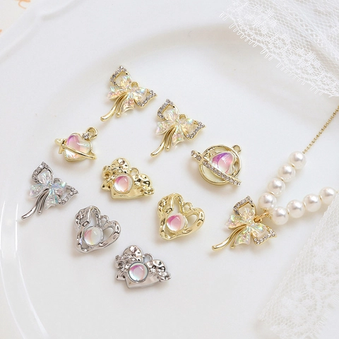 Iridescent Heart Planet Bow Alloy Pendants DIY Jewelry Making Rhinestone Inlaid Gold Silver Charms Necklace Accessories