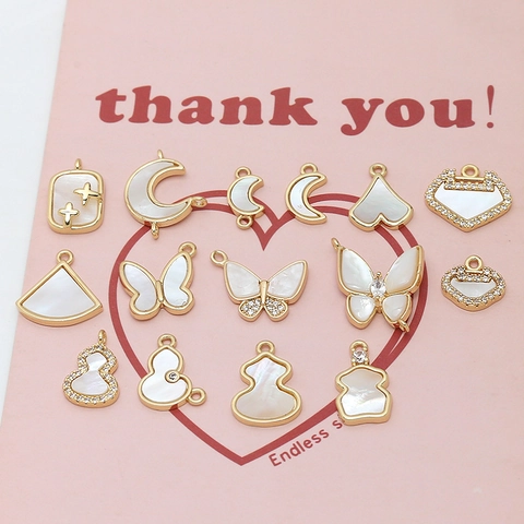 Copper Gold Plated Shell Inlay DIY Pendants For Jewelry Making Butterfly Moon Gourd Heart Zirconia Charms Pendant Only Without Chain