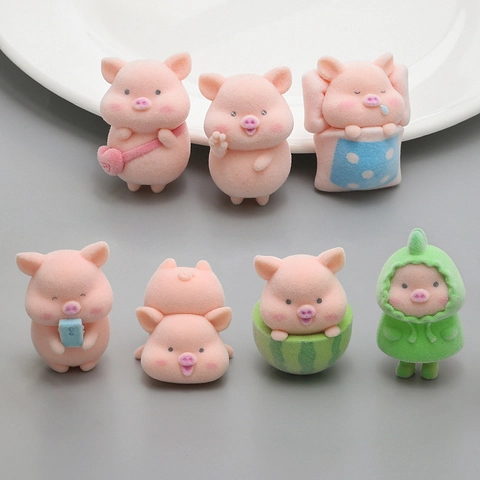 Cute Flocked Pink Pig DIY Charm Pendant Mini Figure For Keychain Bag Decoration Cartoon Animal Resin Ornament Accessories