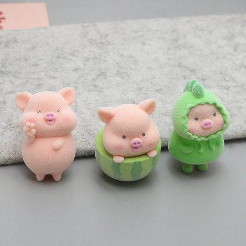 Cute Flocked Pink Pig DIY Charm Pendant Mini Figure For Keychain Bag Decoration Cartoon Animal Resin Ornament Accessories