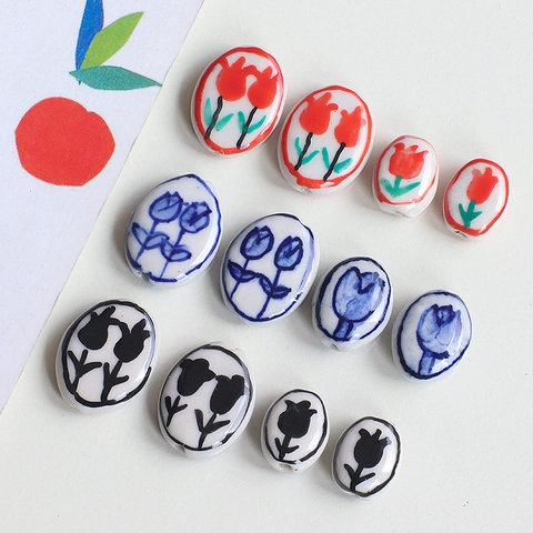Vintage Hand Painted Style Tulip Ceramic Beads Oval Flower Porcelain Loose Beads For DIY Jewelry Making Accessories