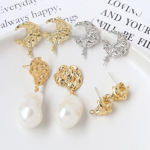 DIY Jewelry Findings Moon Shape 925 Sterling Silver Earring Post Baroque Style Hammered Alloy Metal Earring Accessories For Women