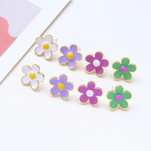 Sweet Enamel Flower Stud Earrings With 925 Sterling Silver Earring Post Fresh Alloy Floral Ear Jewelry For Women Girls