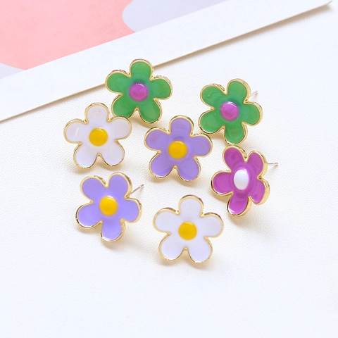 Sweet Enamel Flower Stud Earrings With 925 Sterling Silver Earring Post Fresh Alloy Floral Ear Jewelry For Women Girls