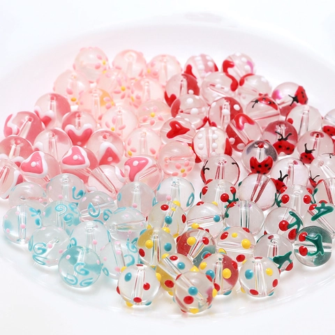Στρογγυλές Χάντρες Lampwork Χρώμα Καραμέλας Λουλούδια Καρδιά Κεράσι Πασχαλίτσα Χάντρες για DIY Βραχιόλι Κολιέ Κατασκευή Κοσμημάτων