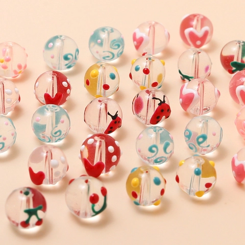 Στρογγυλές Χάντρες Lampwork Χρώμα Καραμέλας Λουλούδια Καρδιά Κεράσι Πασχαλίτσα Χάντρες για DIY Βραχιόλι Κολιέ Κατασκευή Κοσμημάτων