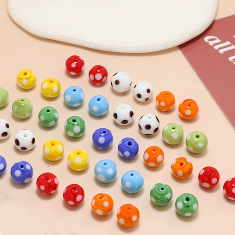 Χειροποίητες Χάντρες από Γυαλί Lampwork με Πουά Κεραμικές DIY Αξεσουάρ Κοσμημάτων Πολύχρωμες Βαμμένες Χαλαρές Στρογγυλές Χάντρες για Βραχιόλι