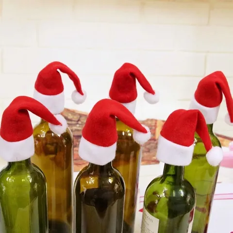 Mini Chapeaux de Père Noël Porte Couverts pour Décoration de Table Housses de Bouteille de Vin Mini Bonnets de Noël Rouges Fête