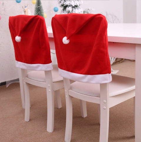 Christmas Santa Hat Chair Cover Red White Brushed Fabric Dining Chair Back Protector For Holiday Party Home Decor