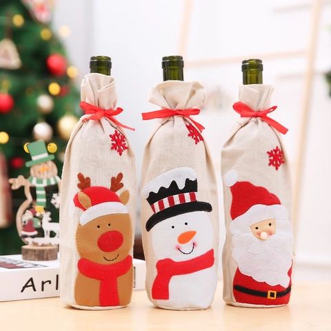 Housse de Bouteille de Vin de Noël en Lin Sac à Cordon Père Noël Bonhomme de Neige Renne Décoration de Table