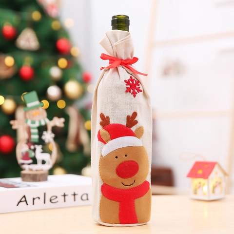 Housse de Bouteille de Vin de Noël en Lin Sac à Cordon Père Noël Bonhomme de Neige Renne Décoration de Table