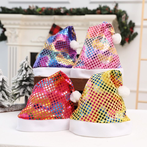 Cappello di Babbo Natale con Paillettes Lucide e Bordo in Peluche Bianco Pois Colorati Per Decorazione Festa di Natale Accessorio