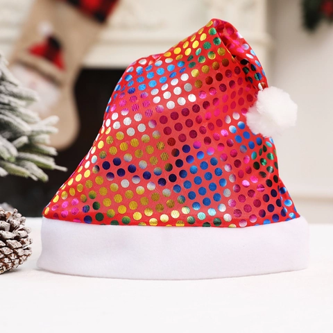 Cappello di Babbo Natale con Paillettes Lucide e Bordo in Peluche Bianco Pois Colorati Per Decorazione Festa di Natale Accessorio