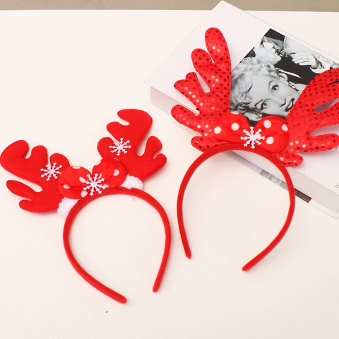 Cerchietto Natalizio con Corna di Renna con Fiocco di Paillettes Motivo a Fiocco di Neve Rosso Verde per Decorazione Festa