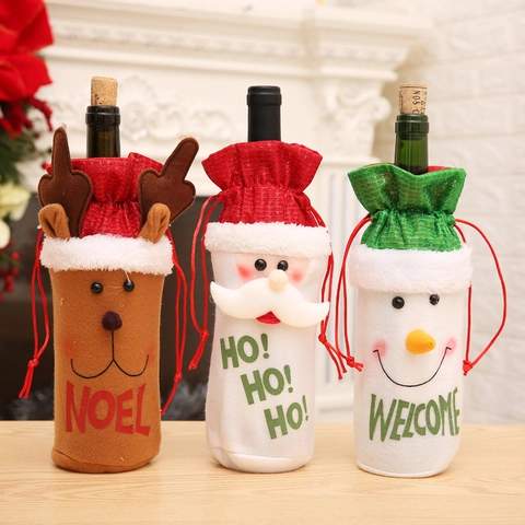 Weihnachten Weinflaschenhülle Weihnachtsmann Schneemann Rentier Muster Kordelzugbeutel Festliche Abendessen Party Tischdeko
