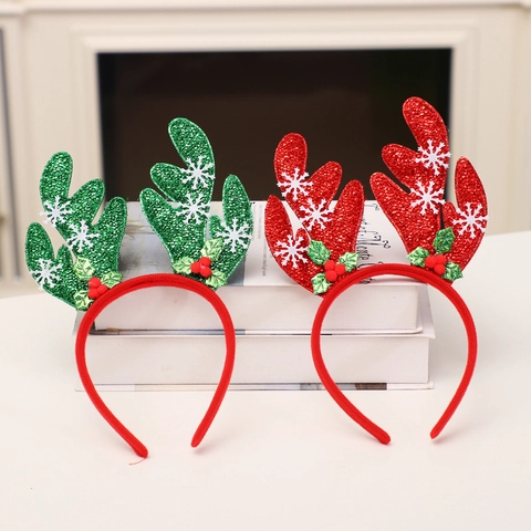 Cerchietto Natalizio con Corna di Renna con Fiocco di Paillettes Motivo a Fiocco di Neve Rosso Verde per Decorazione Festa