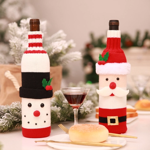 Gebreide Kerst Wijnhofhoes Kerstman Sneeuwpop Patroon Feestelijke Fles Decoratie Voor Kerstfeest Thuis Tafeldecoratie