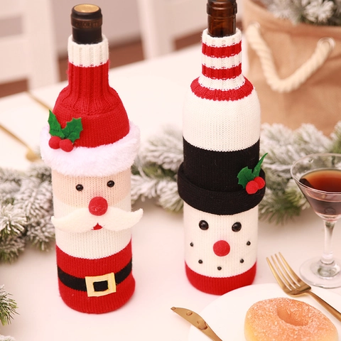 Gebreide Kerst Wijnhofhoes Kerstman Sneeuwpop Patroon Feestelijke Fles Decoratie Voor Kerstfeest Thuis Tafeldecoratie