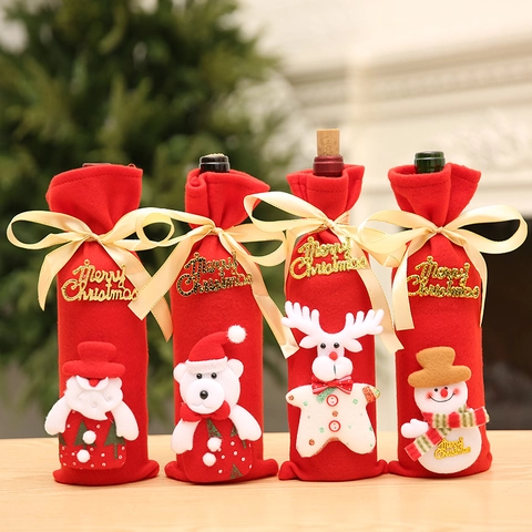 Housse de Bouteille de Vin Noël Père Noël Bonhomme de Neige Renne Ours Tissu Brossé Décoration Joyeux Noël Ornement de Table Festif