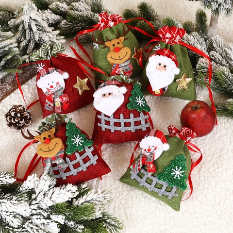Weihnachtsgeschenktüten aus Jute Weihnachtsmann Rentier Schneemann Muster Kordelzug Süßigkeitenbeutel Für Weihnachtsfeiern Dekor