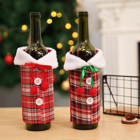 Christmas Wine Bottle Covers Red Green Plaid Faux Fur Collar Fabric Wine Bottle Bags For Holiday Table Party Decorations