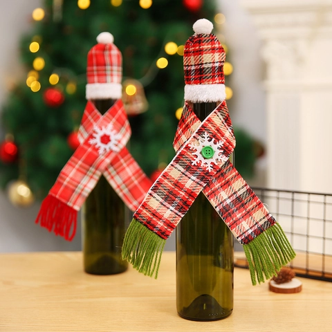 Christmas Wine Bottle Cover Hat Scarf Set Plaid Knitting Fabric Snowflake Decor For Xmas Table Holiday Party Ornament
