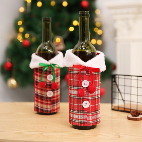 Christmas Wine Bottle Covers Red Green Plaid Faux Fur Collar Fabric Wine Bottle Bags For Holiday Table Party Decorations