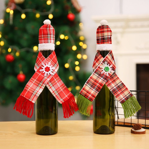 Christmas Wine Bottle Cover Hat Scarf Set Plaid Knitting Fabric Snowflake Decor For Xmas Table Holiday Party Ornament