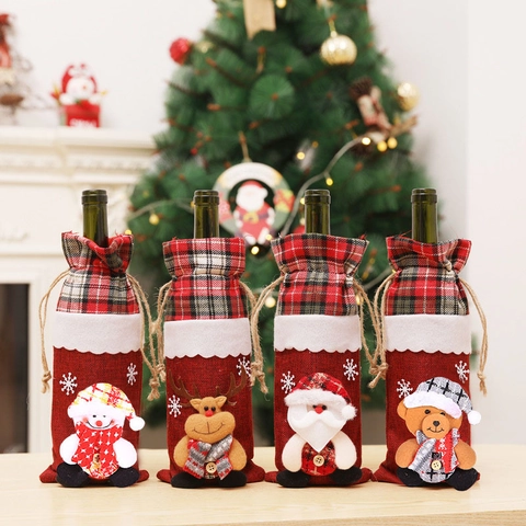 Copribottiglia di Vino Natalizio in Lino con Motivo Babbo Natale Pupazzo di Neve Renna Plaid Sacchetto Coulisse Decorazione Tavola Festa