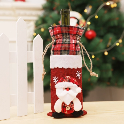 Copribottiglia di Vino Natalizio in Lino con Motivo Babbo Natale Pupazzo di Neve Renna Plaid Sacchetto Coulisse Decorazione Tavola Festa