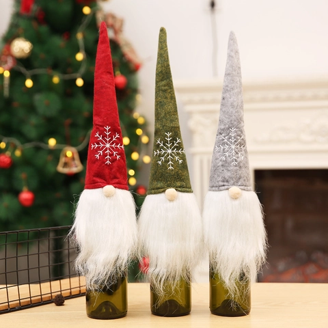 Funda para Botella de Vino Gnomo de Navidad Tomte Nórdico Con Bordado de Copo de Nieve Barba Larga de Peluche Decoración
