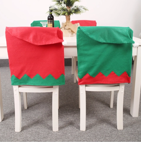 Kerst Elfenhoed Stoelhoezen Niet-geweven Stof Rood Groen Gekartelde Rand Met Pompon Voor Eetkamer Feest Decoratie
